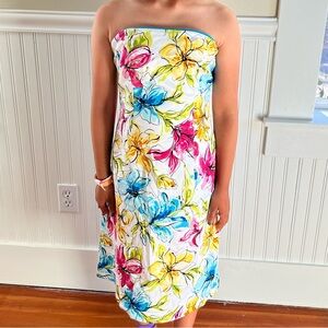 Mia Paluzzi Bright Floral Mini Dress Strapless Pink Blue Yellow Hibiscus Size 2